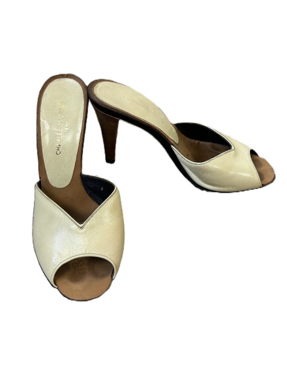 Charles Jourdan Open Toe Slide Heels 6 Leather Cream